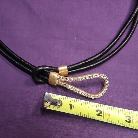 Unique Necklace Interlocking Front Rhinestone Toggle Accent Gold Tone Black Cord - Picture 7 of 9